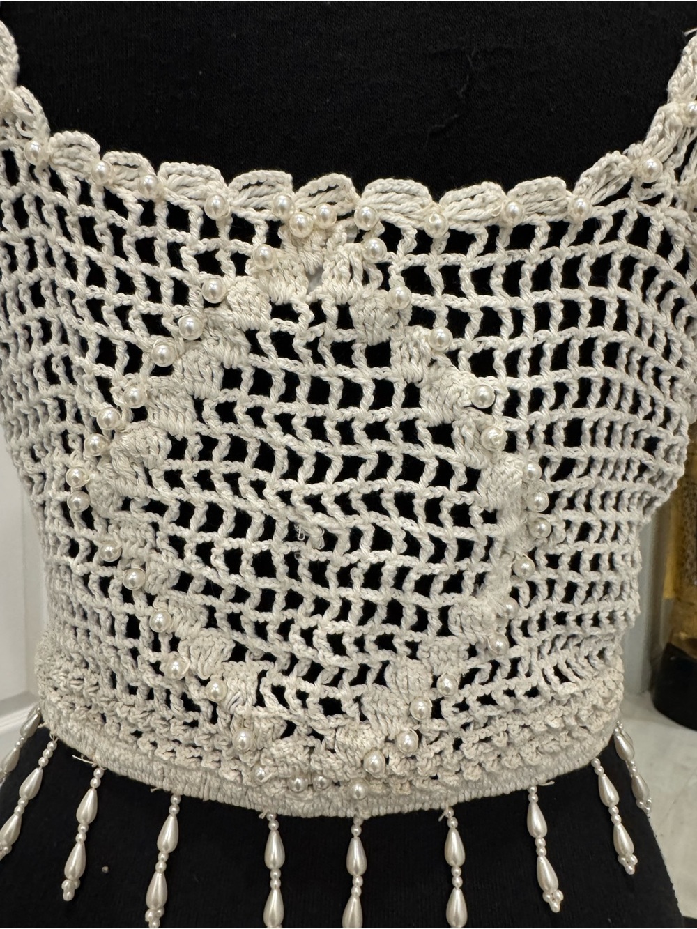 Cream Crochet Button-Front Camisole with Beaded Fringe - Picture 3 of 6